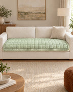 Fresh Meadow: Plush Pleated Edges Sofa Cover shown on a full sofa, arms uncovered