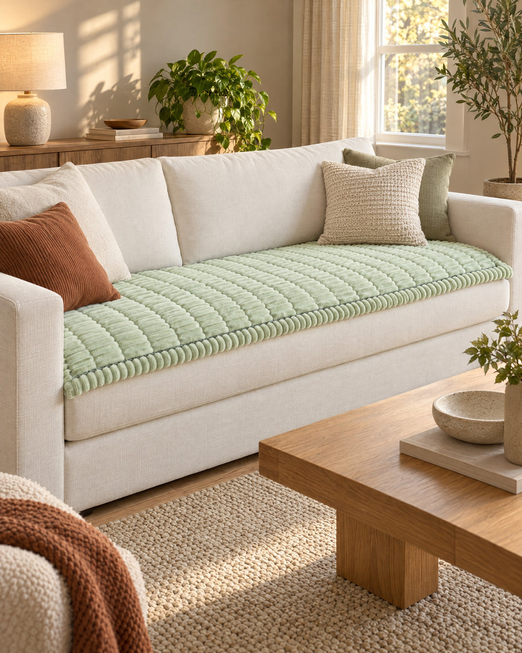 Fresh Meadow: Plush Pleated Edges Sofa Cover in a warm living room