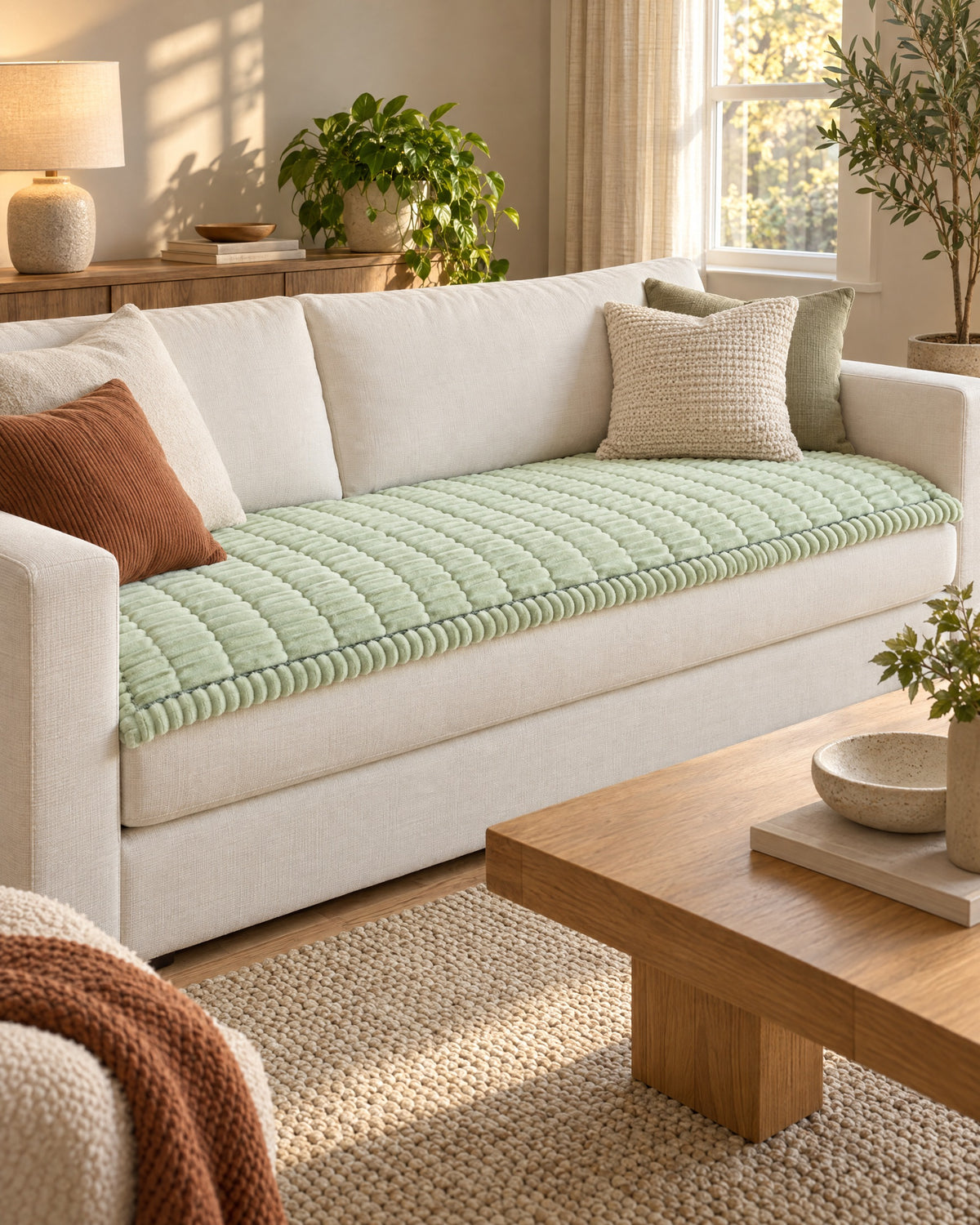 Fresh Meadow: Plush Pleated Edges Sofa Cover in a warm living room