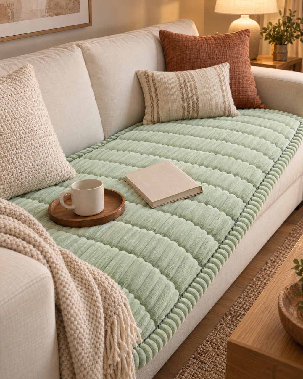 Fresh Meadow: Plush Pleated Edges Sofa Cover on a cozy lived-in sofa