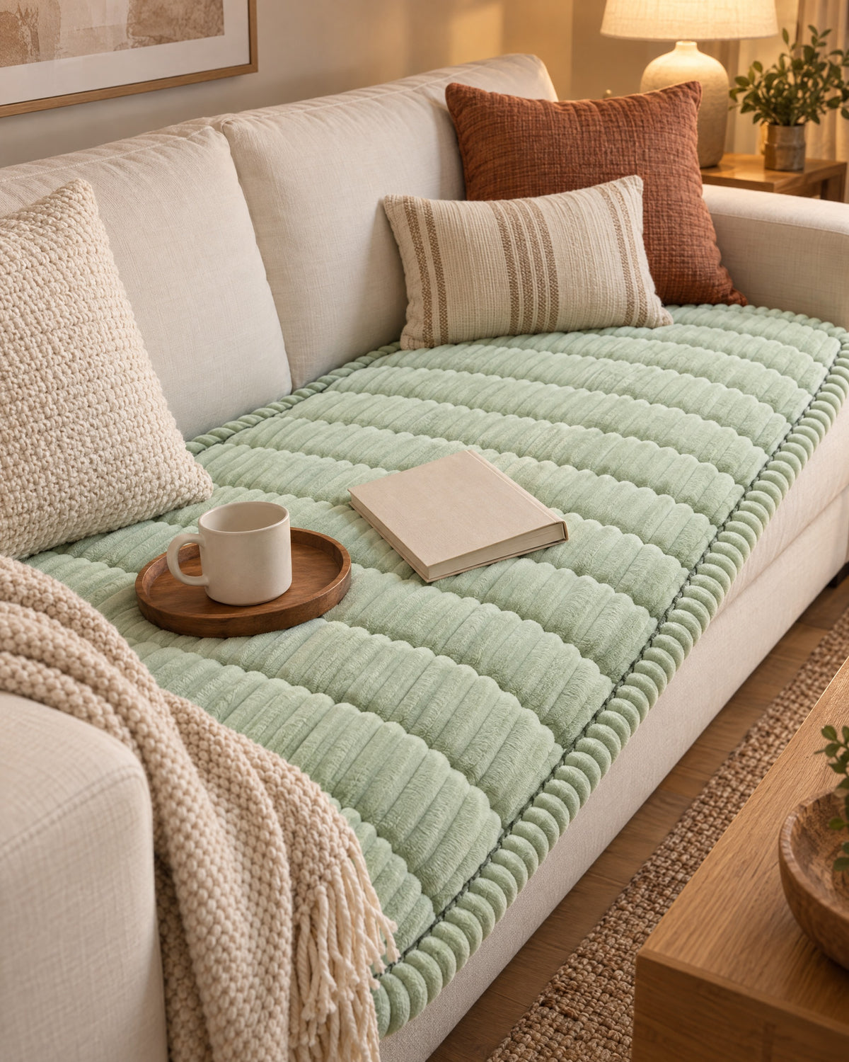Fresh Meadow: Plush Pleated Edges Sofa Cover on a cozy lived-in sofa