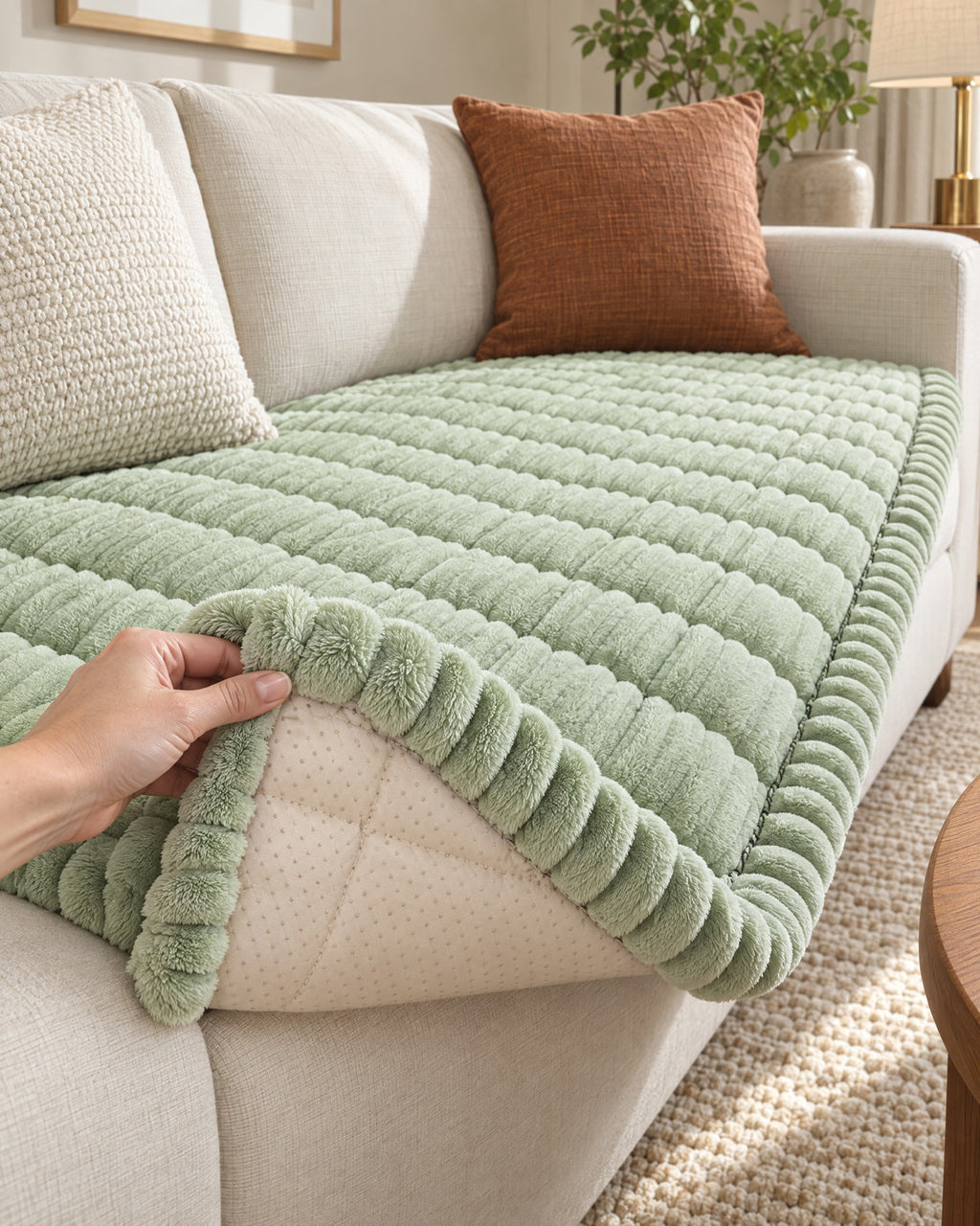 Fresh Meadow: Corner lifted to show the non-slip backing of the Plush Pleated Edges Sofa Cover