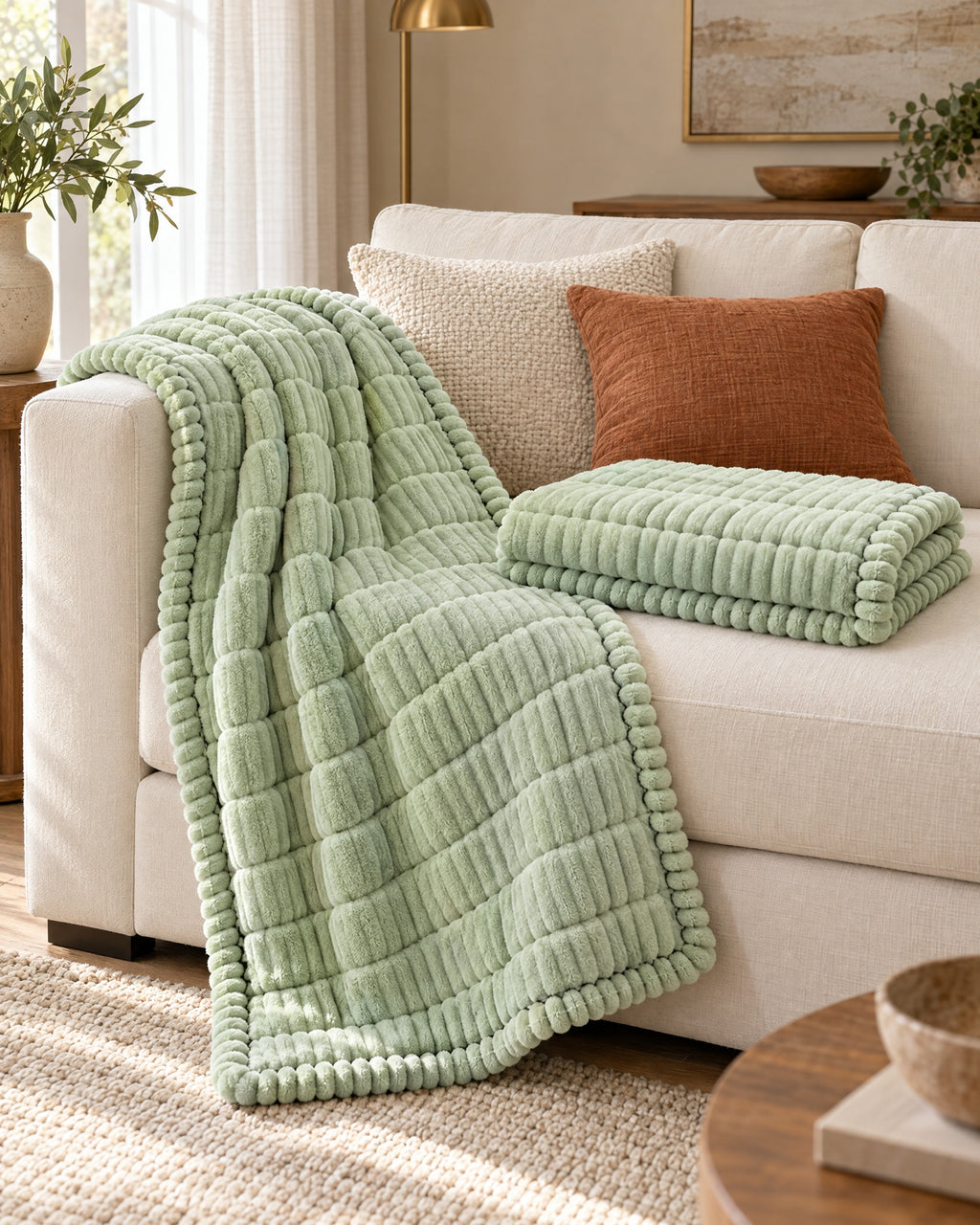 Fresh Meadow: Plush Pleated Edges Sofa Cover draped over the sofa arm