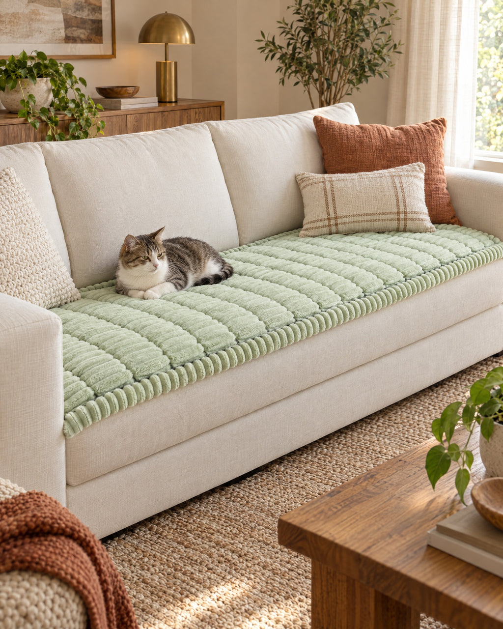 Fresh Meadow: A cat resting on the Plush Pleated Edges Sofa Cover