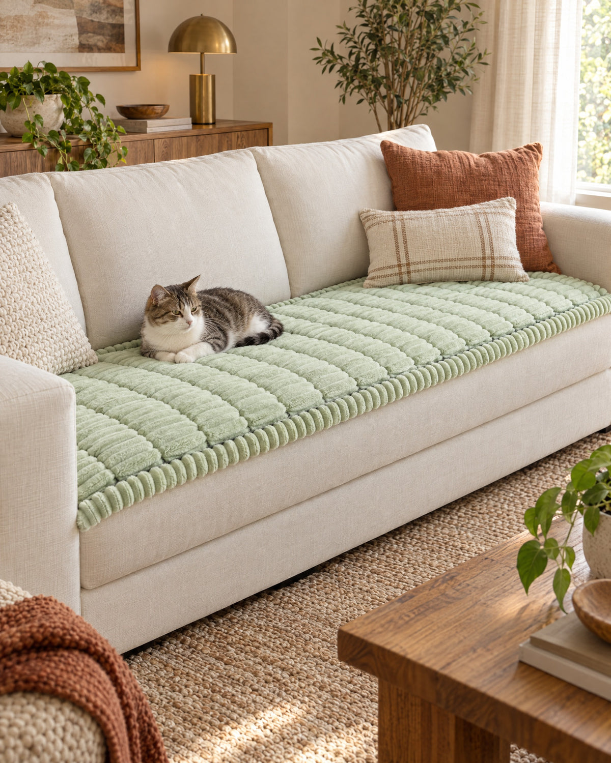 Fresh Meadow: A cat resting on the Plush Pleated Edges Sofa Cover