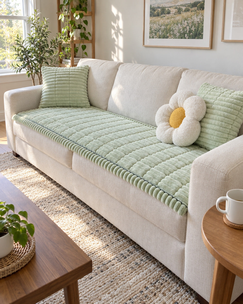Plush Pleated Edges Sofa Cover in a real home