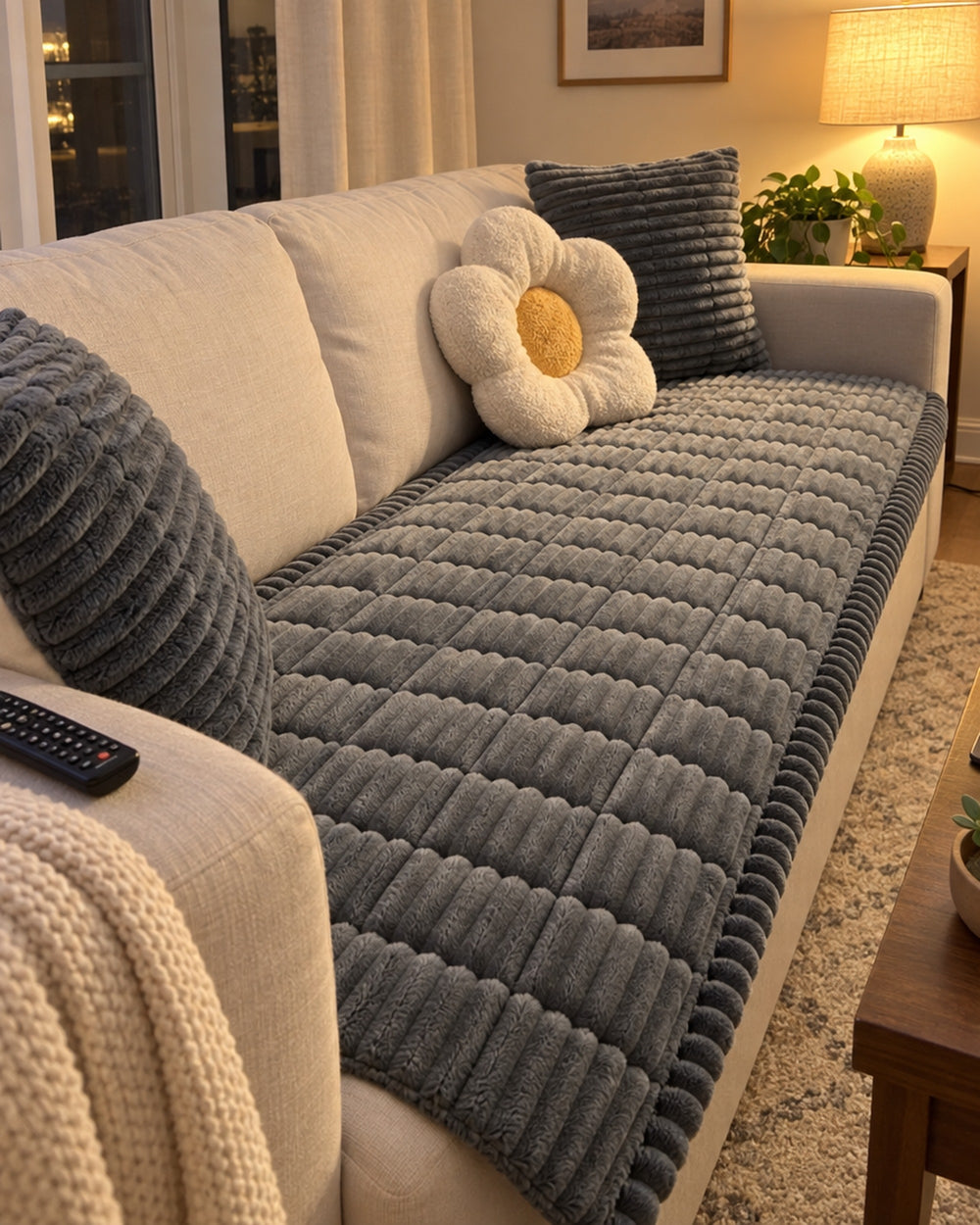 Plush Pleated Edges Sofa Cover in a real home