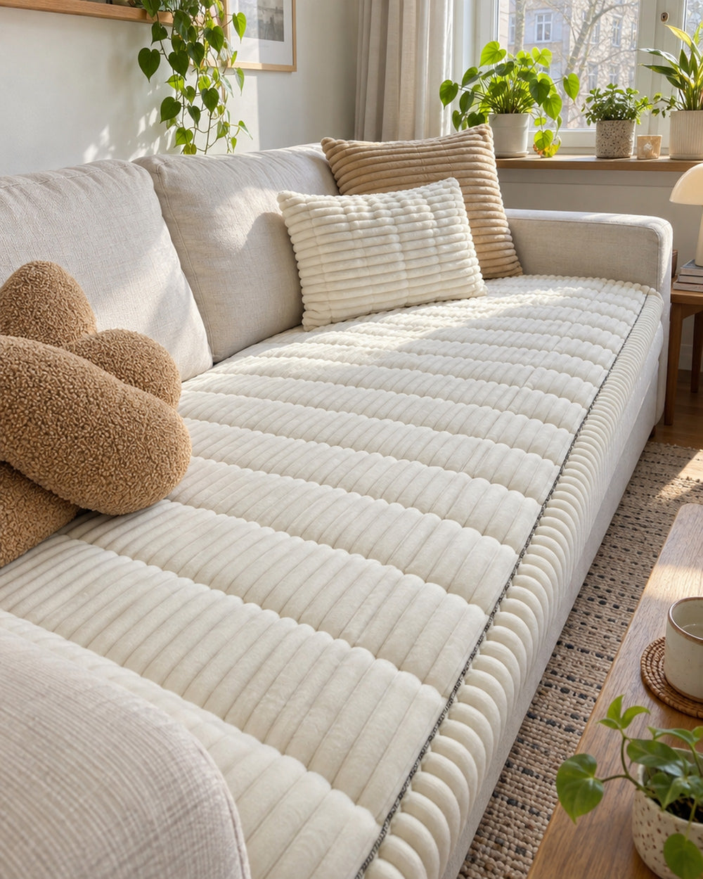 Plush Pleated Edges Sofa Cover in a real home