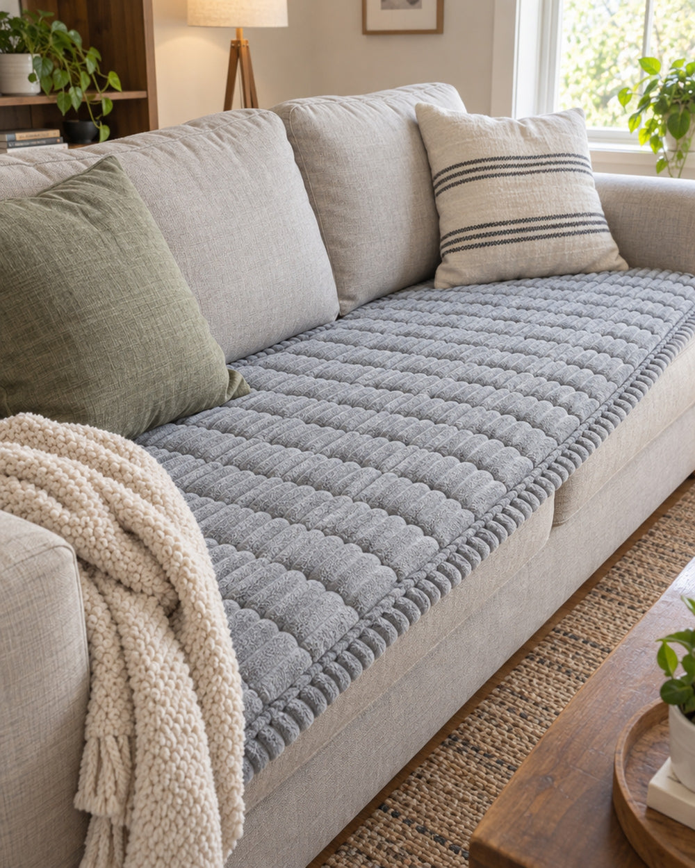 Plush Pleated Edges Sofa Cover in a real home