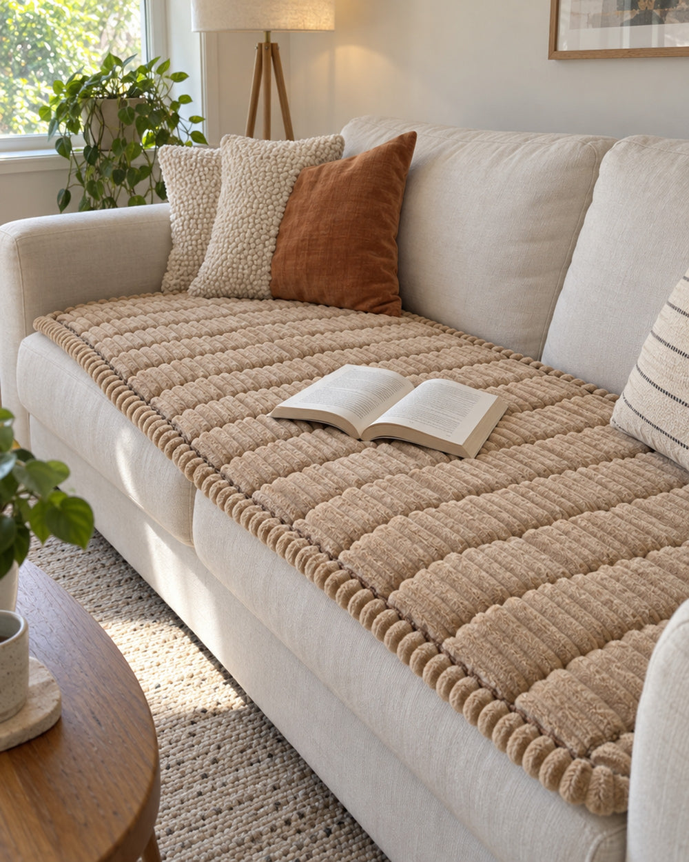 Plush Pleated Edges Sofa Cover in a real home