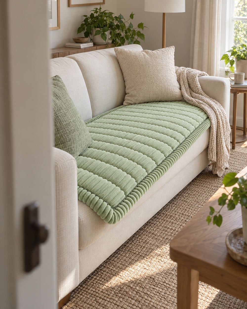 Plush Pleated Edges Sofa Cover in a real home
