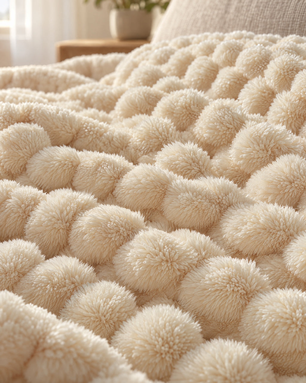 Close-up of the texture of the Popcorn Fleece Throw Blanket, Cream, Jacquard Texture