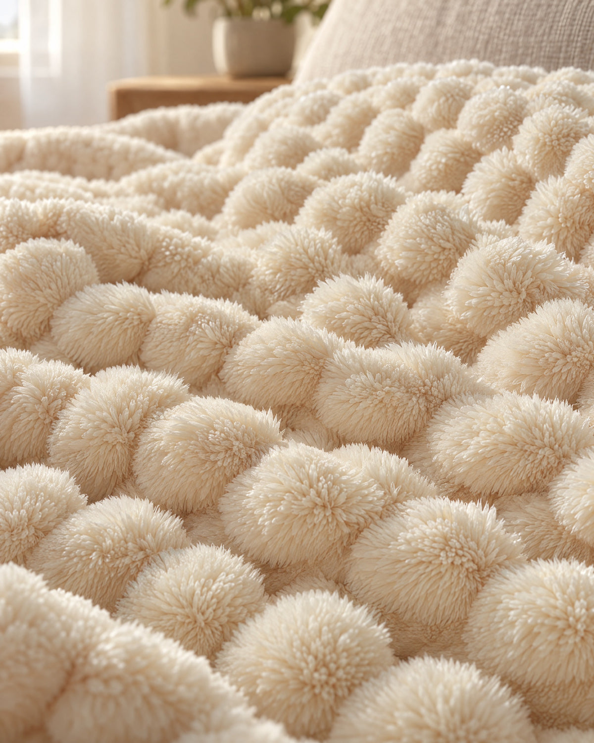 Close-up of the texture of the Popcorn Fleece Throw Blanket, Cream, Jacquard Texture