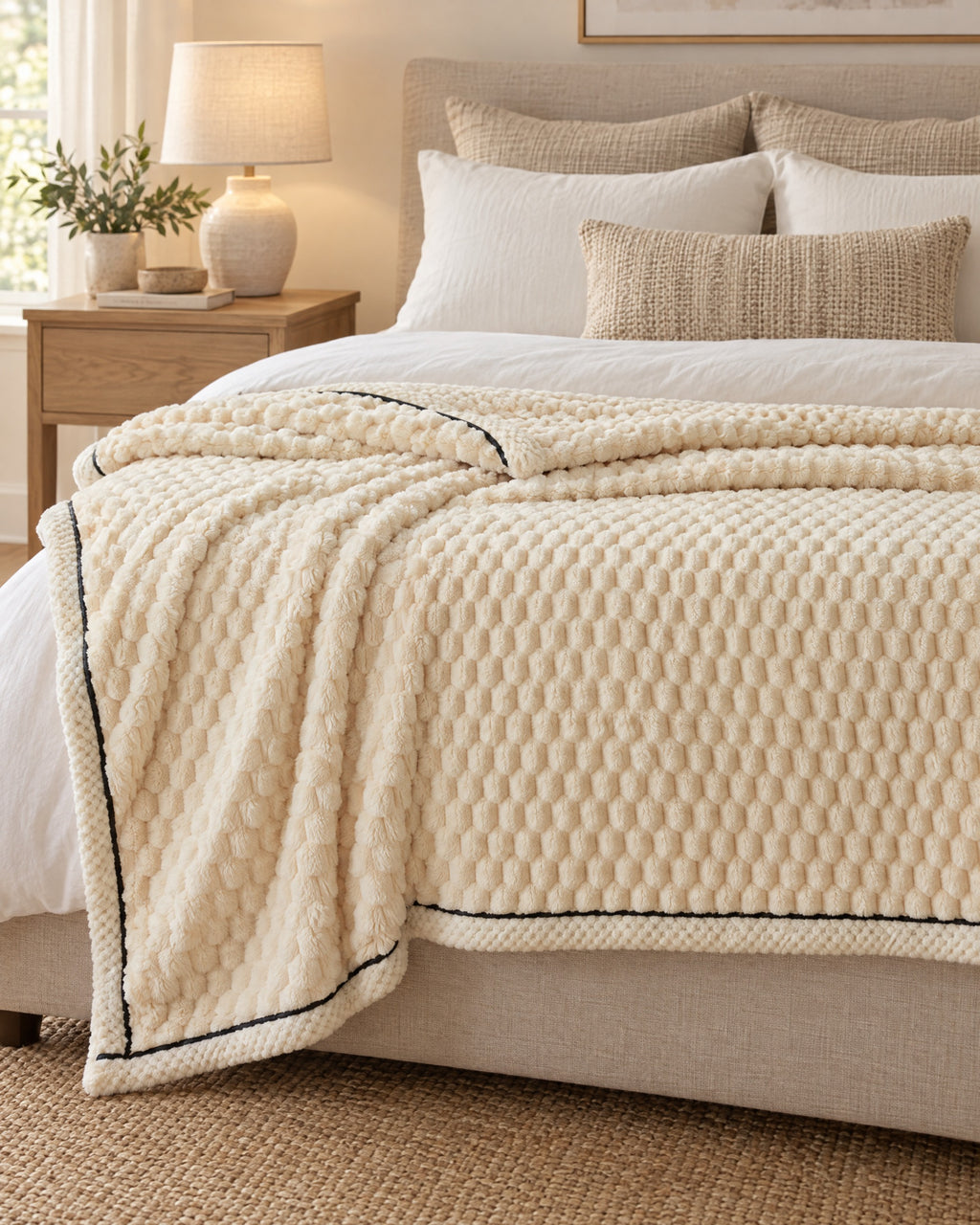 Popcorn Fleece Throw Blanket, Cream, Jacquard Texture laid across the end of a bed