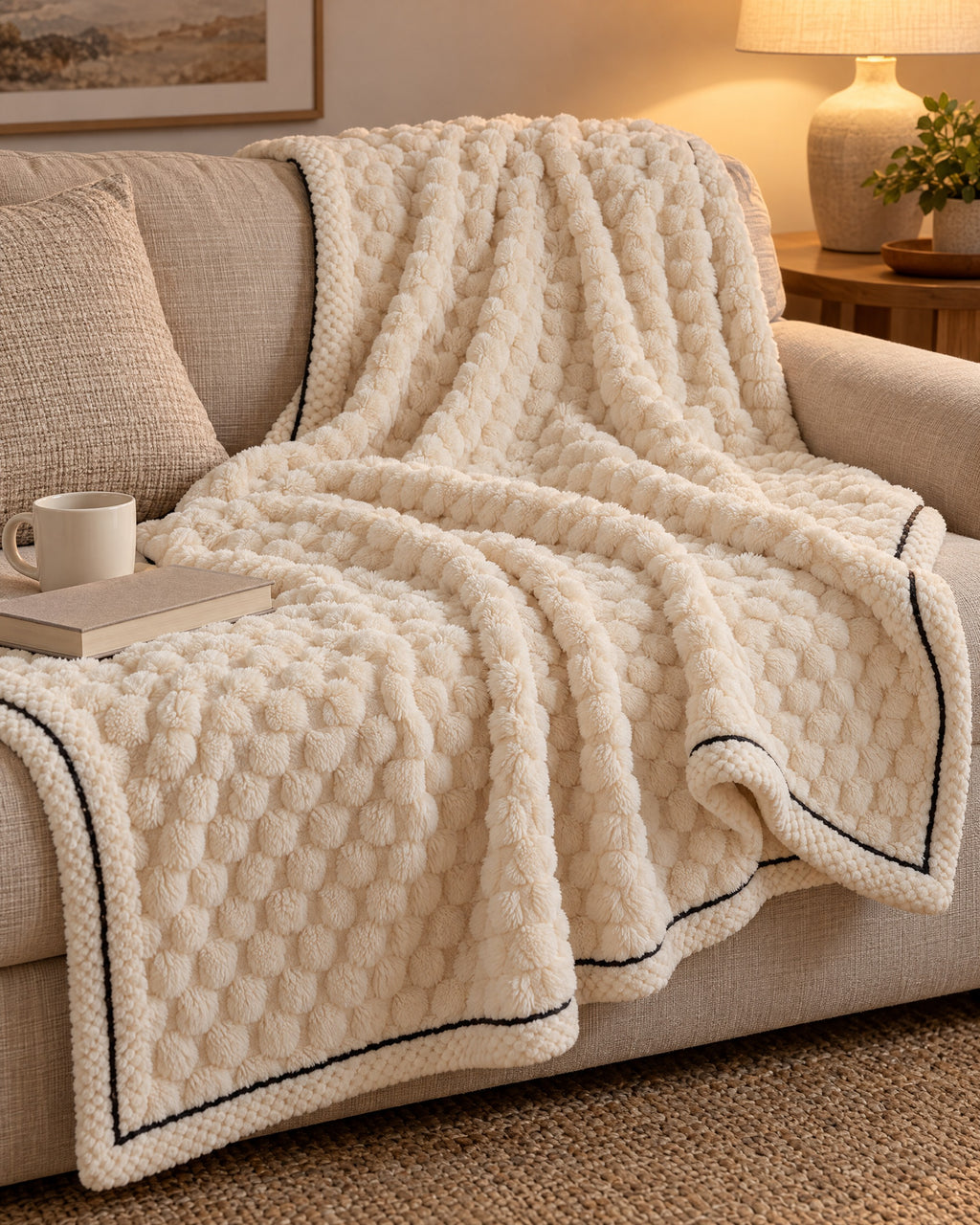 Popcorn Fleece Throw Blanket, Cream, Jacquard Texture on a sofa in warm evening light