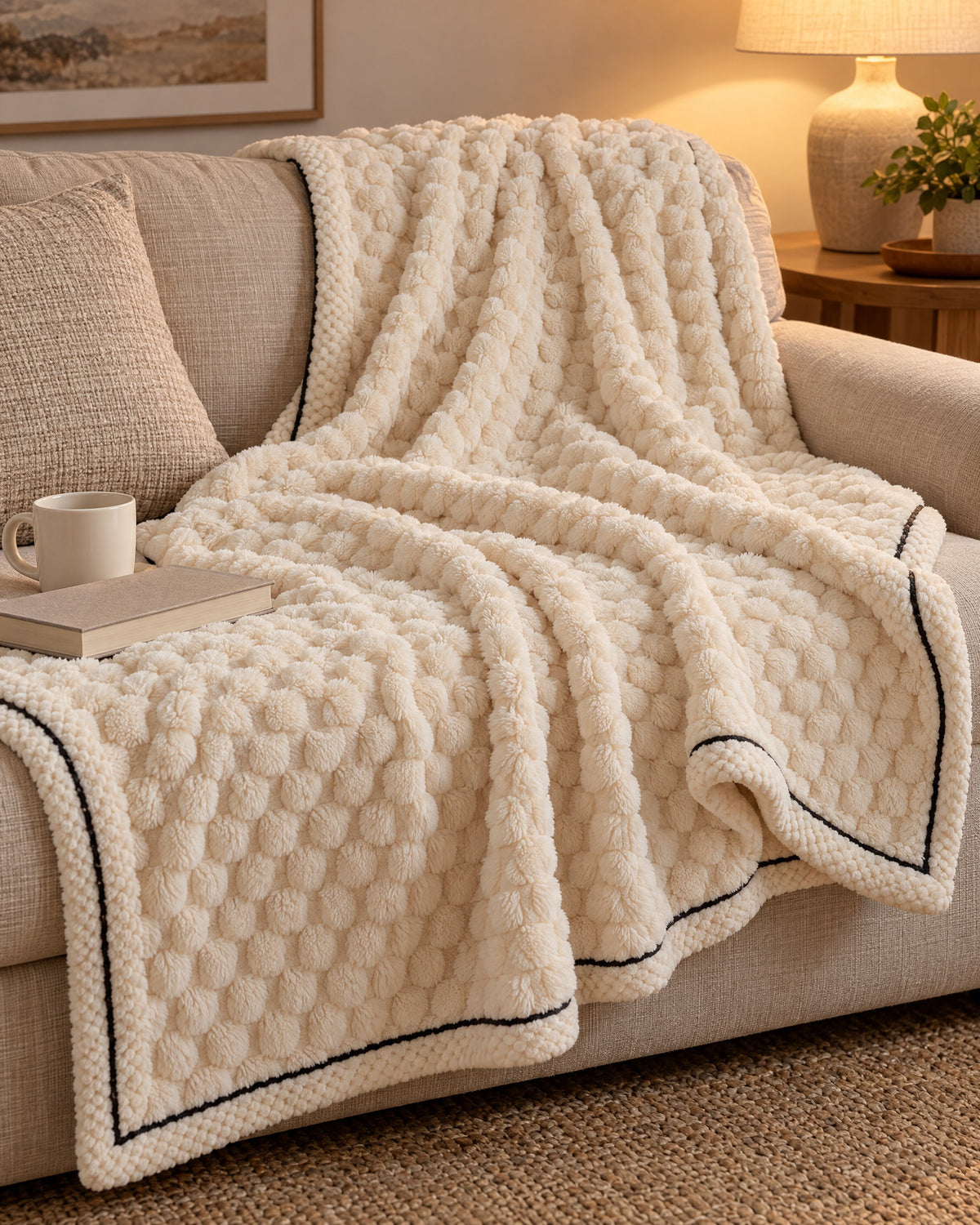 Popcorn Fleece Throw Blanket, Cream, Jacquard Texture on a sofa in warm evening light