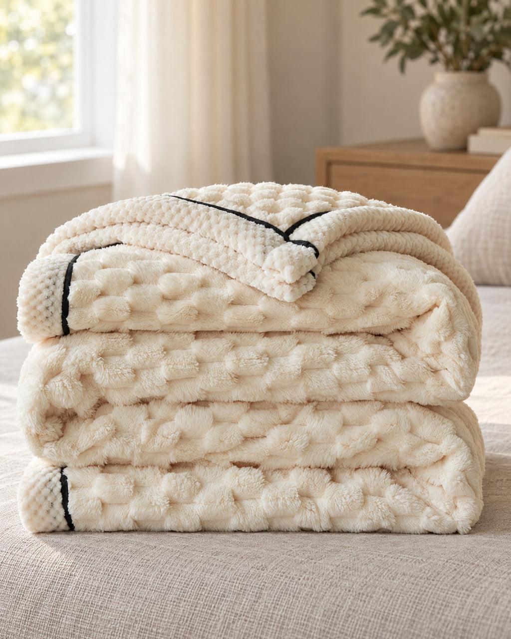 Popcorn Fleece Throw Blanket, Cream, Jacquard Texture folded into a stack, showing its thickness