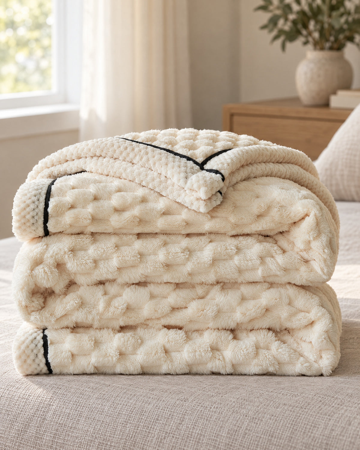 Popcorn Fleece Throw Blanket, Cream, Jacquard Texture folded into a stack, showing its thickness