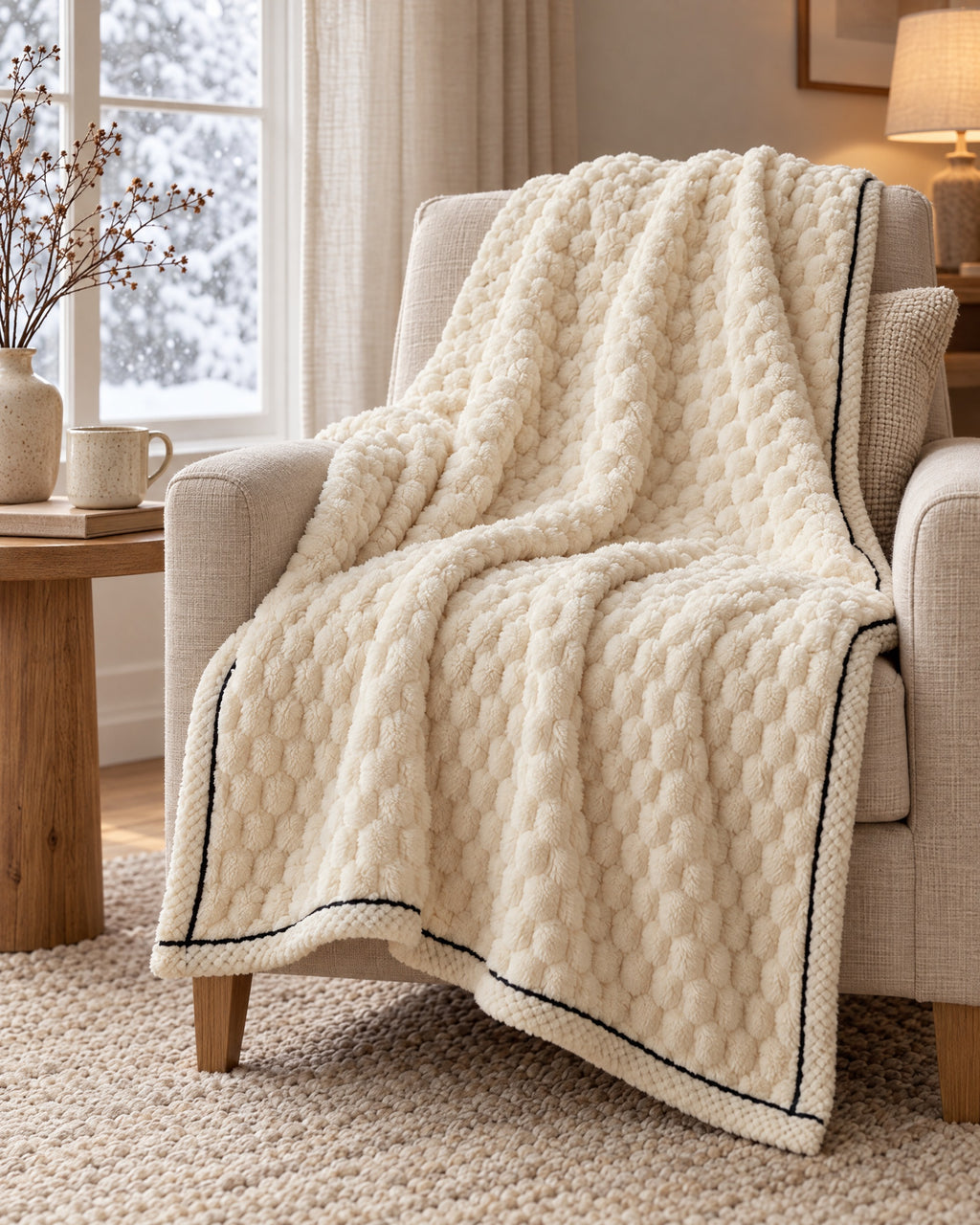 Popcorn Fleece Throw Blanket, Cream, Jacquard Texture draped over an armchair by a winter window