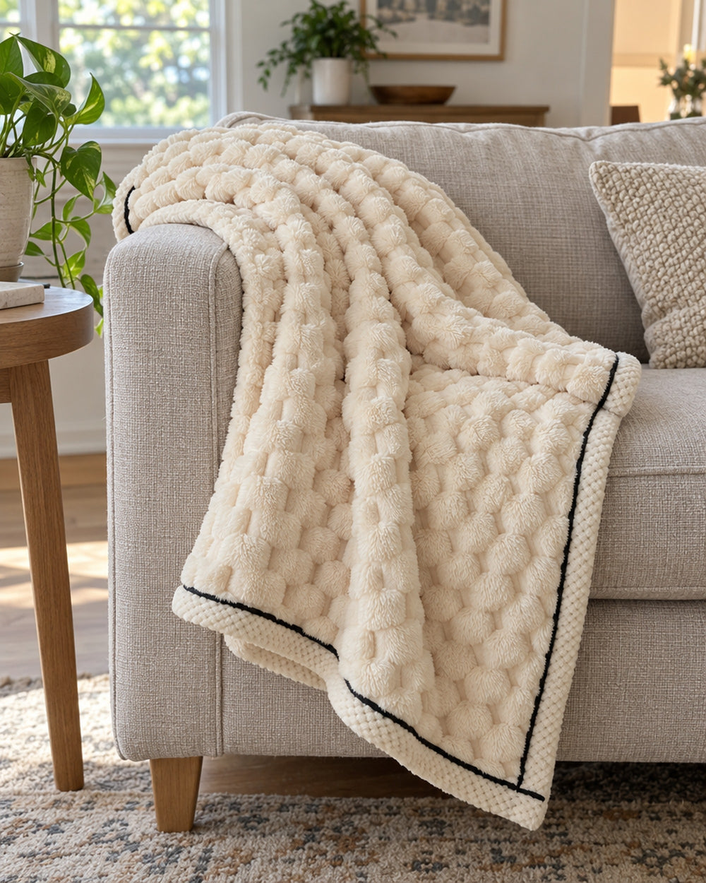 Popcorn Fleece Throw Blanket, Cream, Jacquard Texture in a real home
