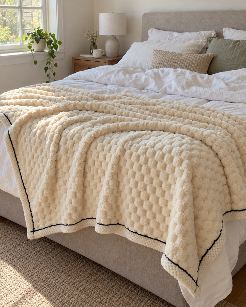 Popcorn Fleece Throw Blanket, Cream, Jacquard Texture in a real home