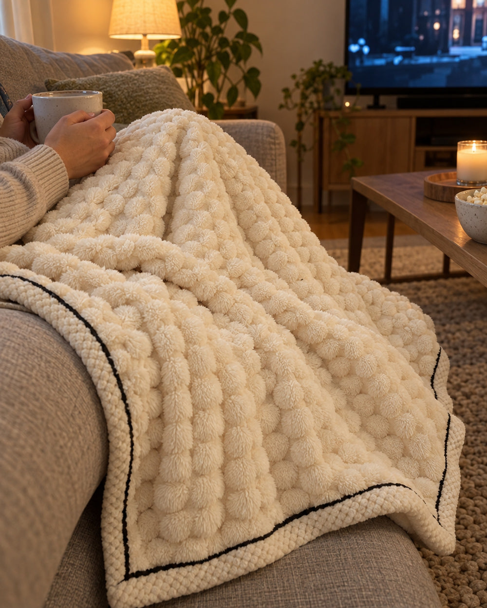 Popcorn Fleece Throw Blanket, Cream, Jacquard Texture in a real home