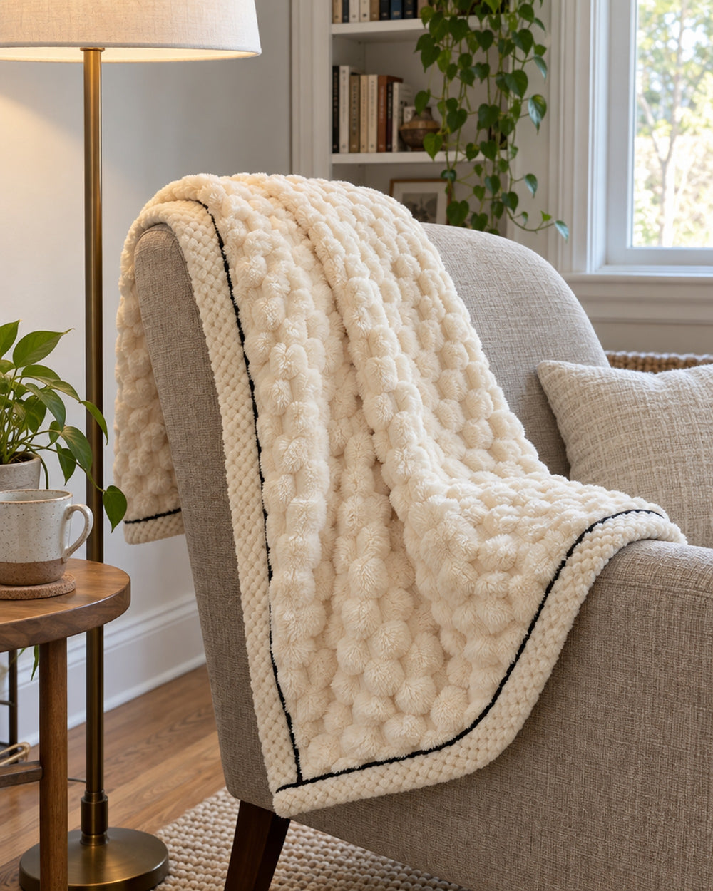 Popcorn Fleece Throw Blanket, Cream, Jacquard Texture in a real home