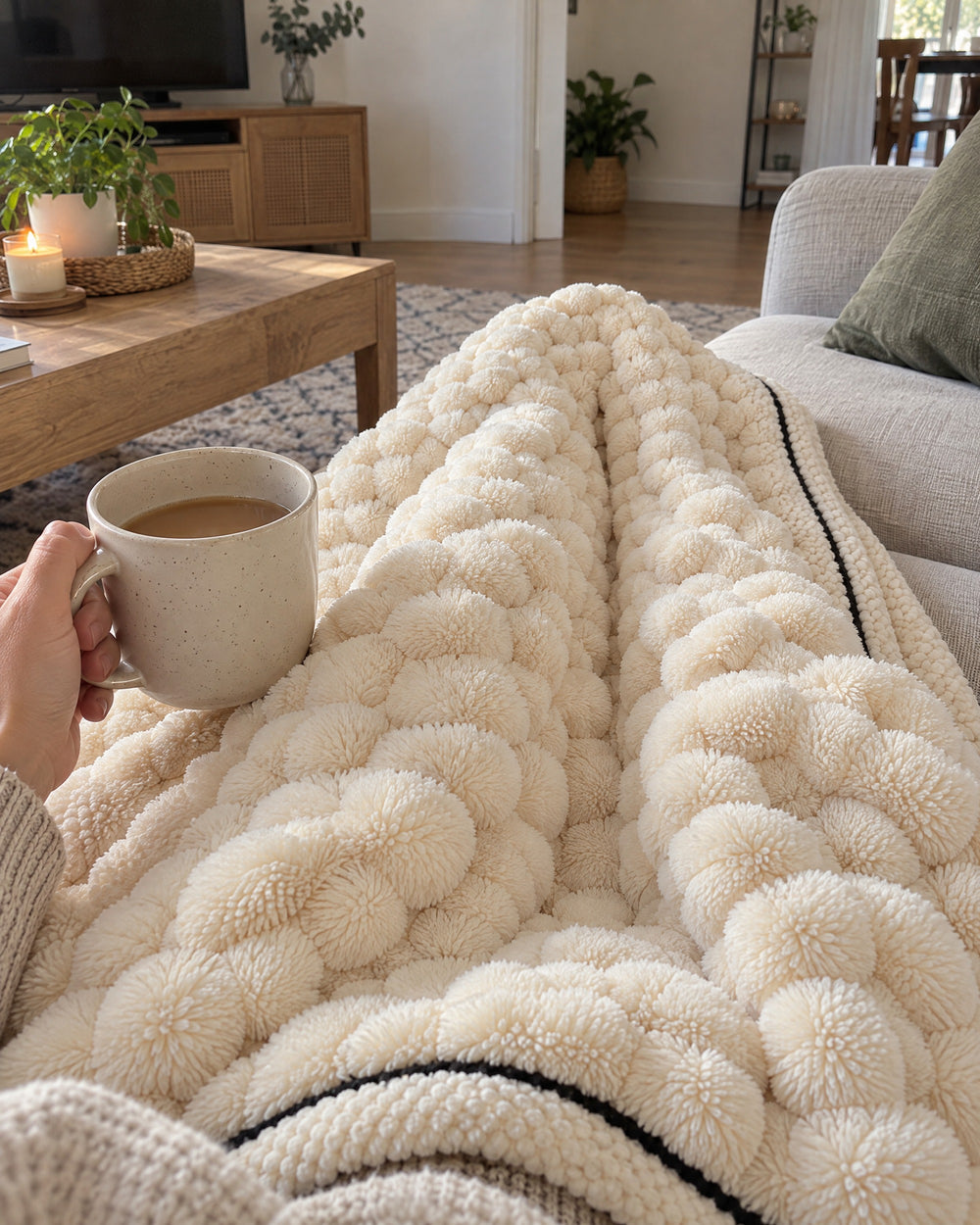 Popcorn Fleece Throw Blanket, Cream, Jacquard Texture in a real home