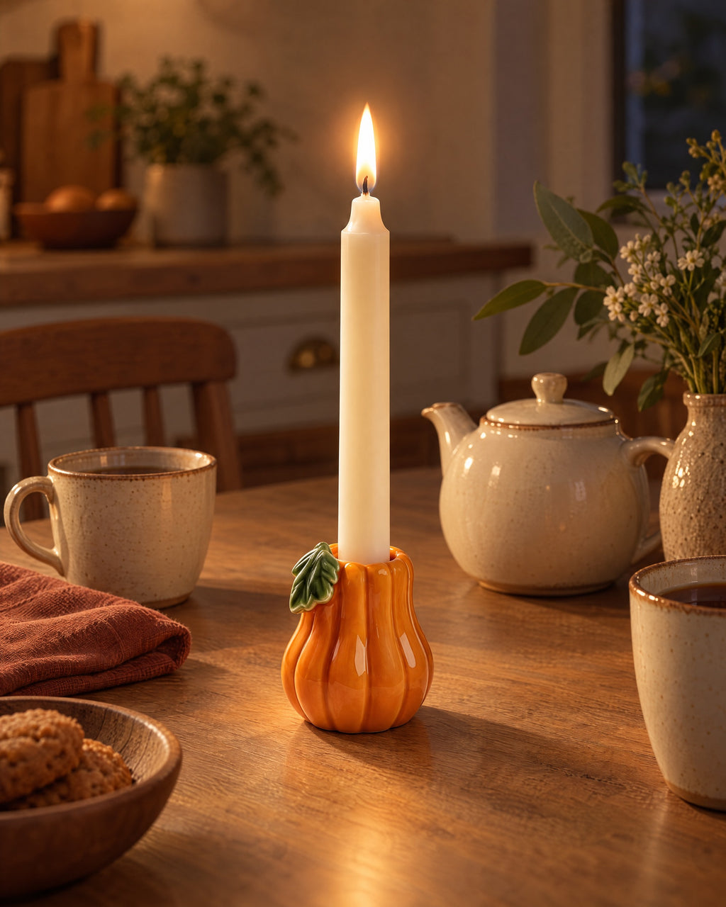 Zucca Pumpkin Ceramic Candle Holder, lit, in a lived-in evening scene