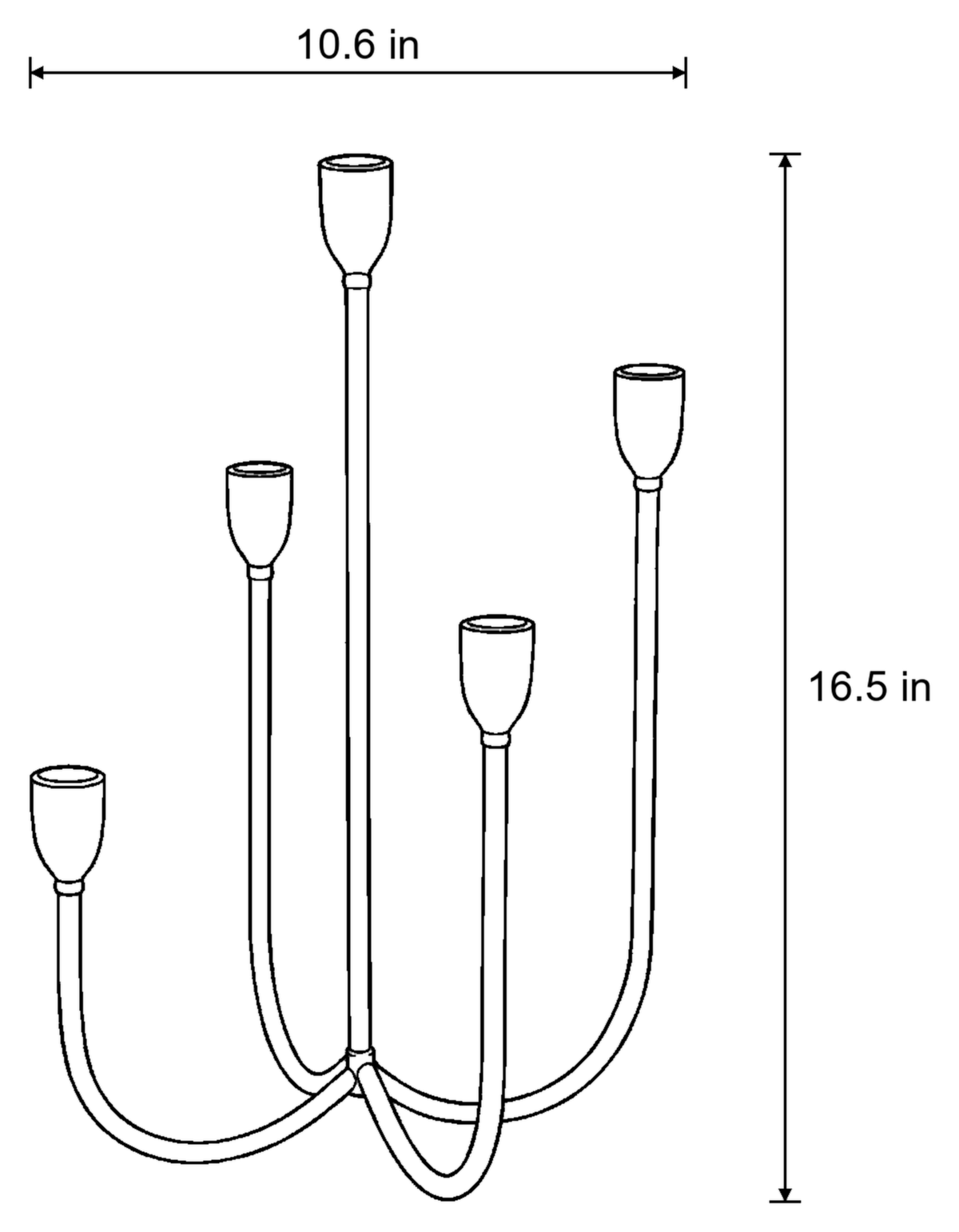 Dimensions sketch of the Quinta Five-Arm Iron Candelabra with measurements