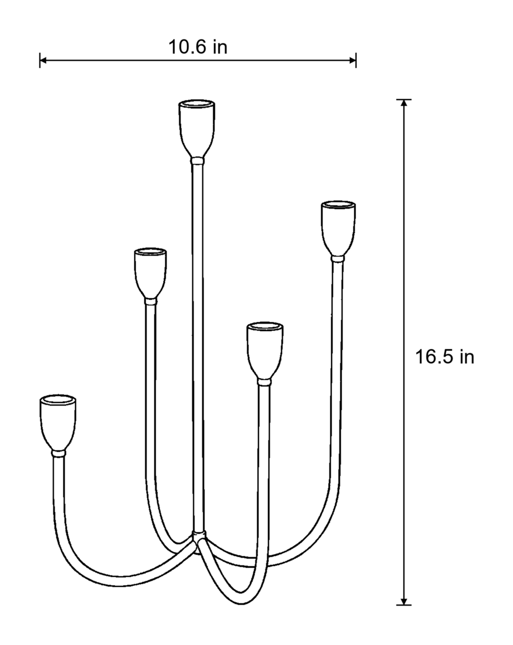 Dimensions sketch of the Quinta Five-Arm Iron Candelabra with measurements