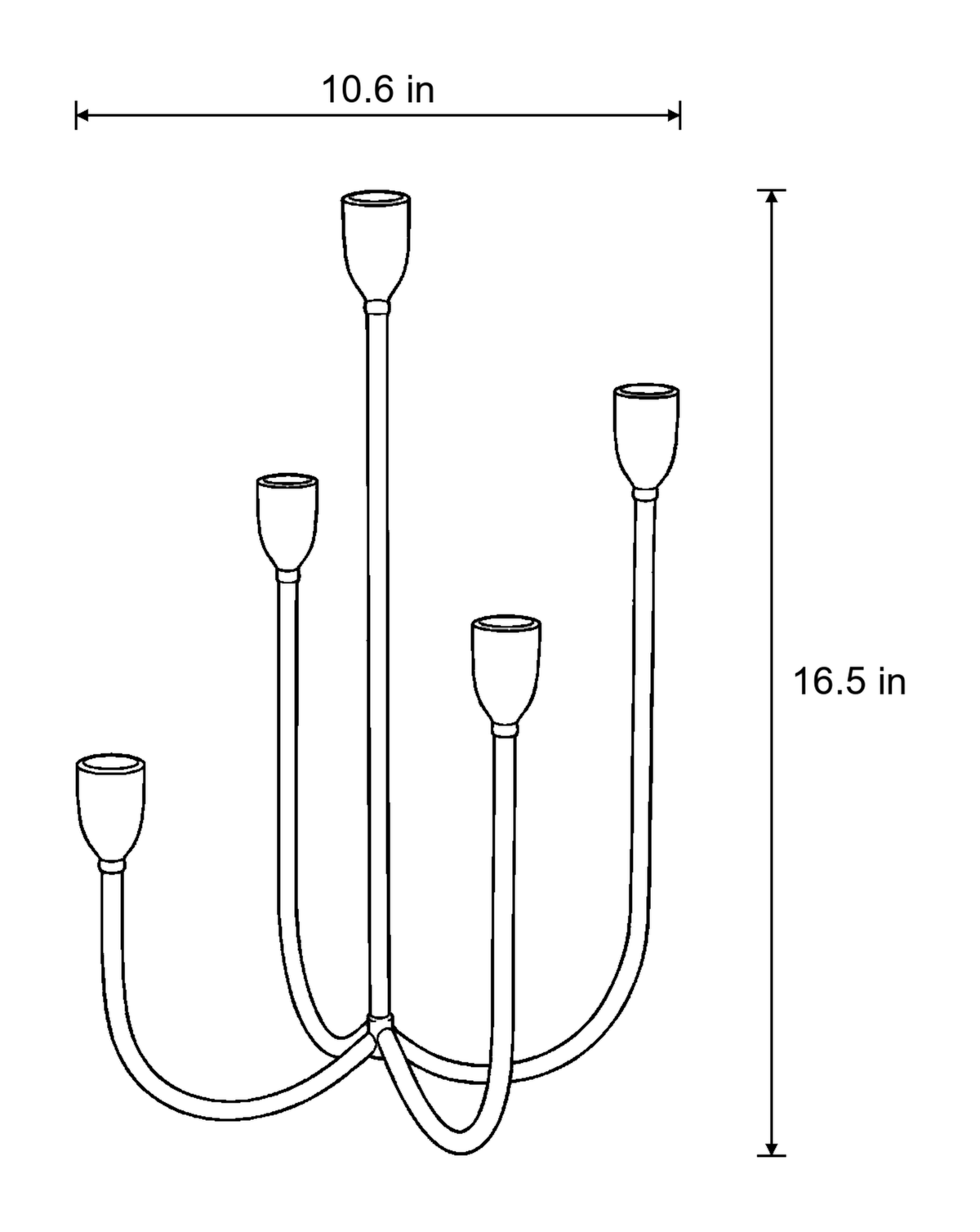 Dimensions sketch of the Quinta Five-Arm Iron Candelabra with measurements