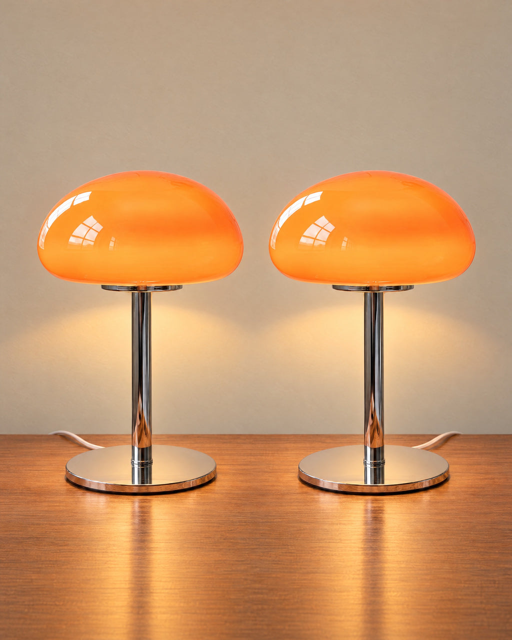 Orange: Retro Glass Mushroom Nightstand Lamp, Set of 2, both lamps switched on
