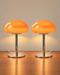 Orange: Retro Glass Mushroom Nightstand Lamp, Set of 2, both lamps switched on