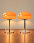 Orange: Retro Glass Mushroom Nightstand Lamp, Set of 2, both lamps switched on