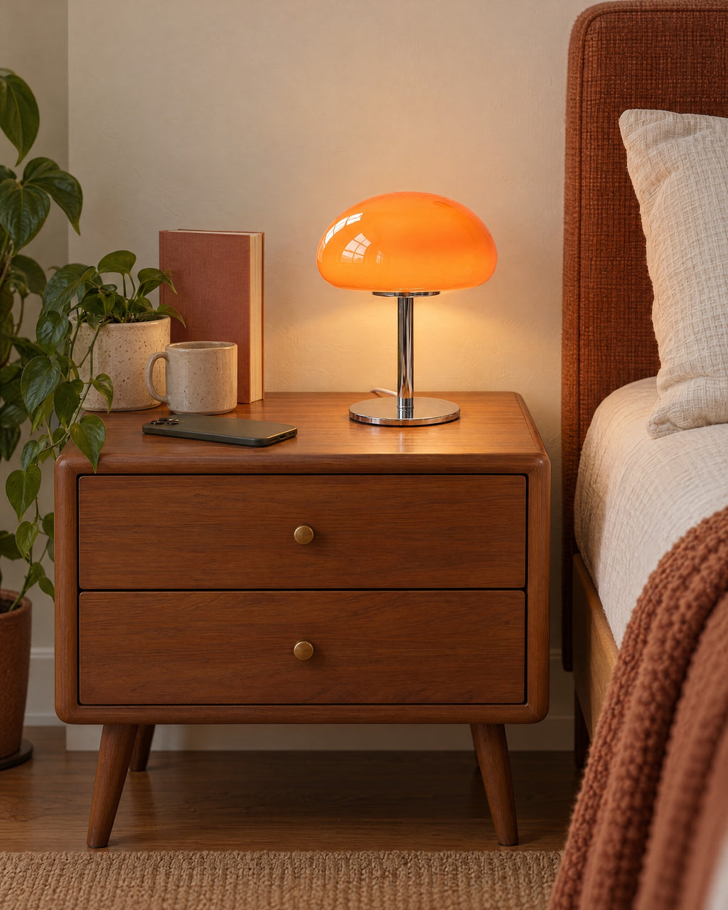 Orange: Retro Glass Mushroom Nightstand Lamp on a standard nightstand with a paperback, phone and mug for scale