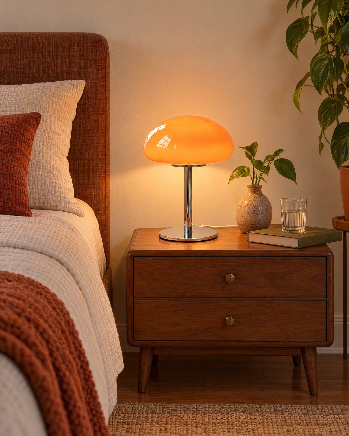 Orange: Retro Glass Mushroom Nightstand Lamp in a styled mid-century bedroom at dusk