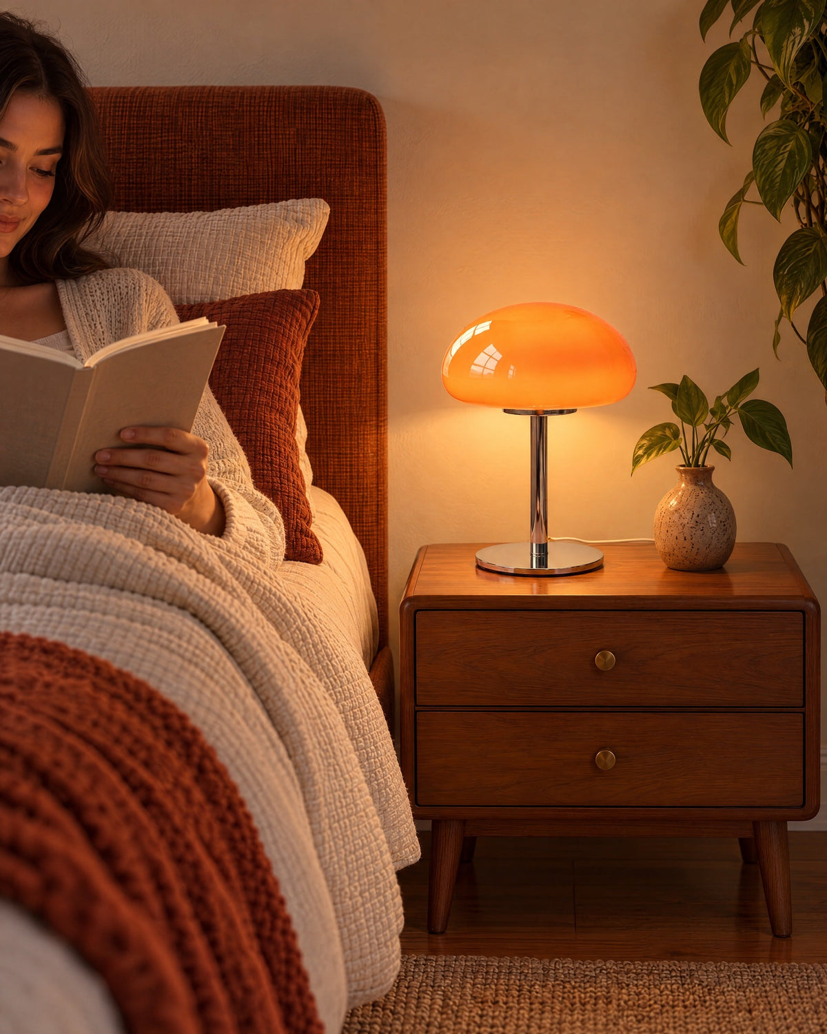 Orange: Retro Glass Mushroom Nightstand Lamp as a reading light beside a woman reading in bed