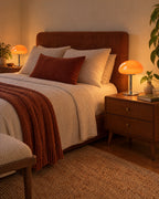 Orange: Two Retro Glass Mushroom Nightstand Lamp lamps flanking a bed at night