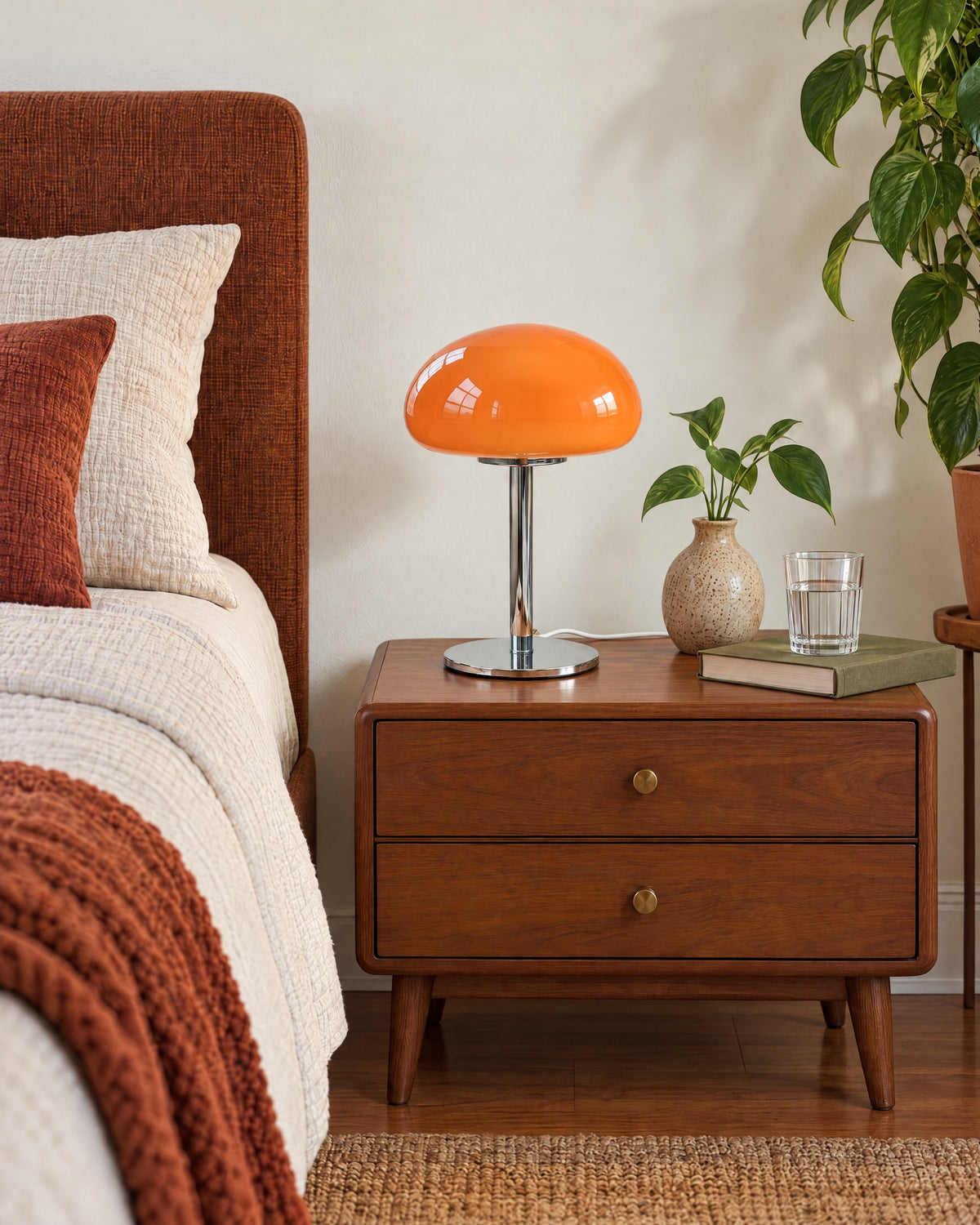 Orange: Retro Glass Mushroom Nightstand Lamp switched off in soft morning daylight