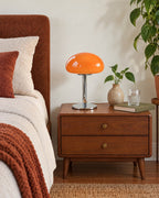 Orange: Retro Glass Mushroom Nightstand Lamp switched off in soft morning daylight