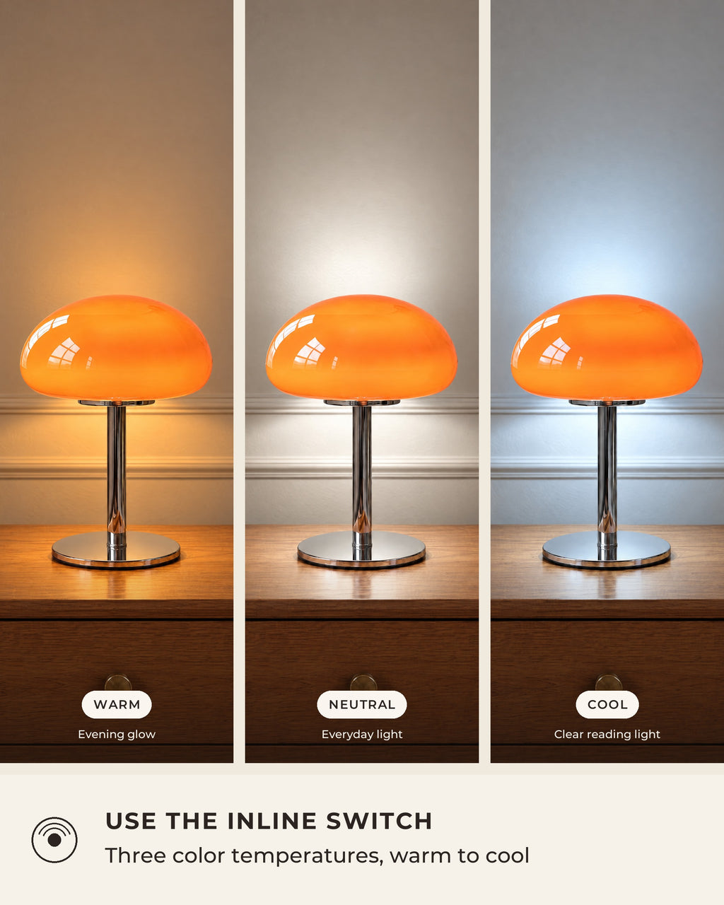 Orange: Retro Glass Mushroom Nightstand Lamp, Set of 2 light colors, warm, neutral and cool white