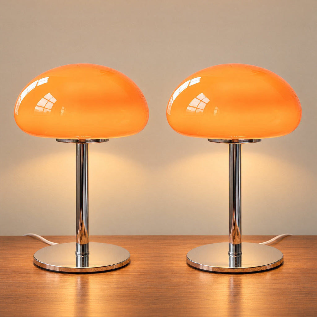 Orange: Retro Glass Mushroom Nightstand Lamp, Set of 2, both lamps switched on