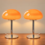 Orange: Retro Glass Mushroom Nightstand Lamp, Set of 2, both lamps switched on