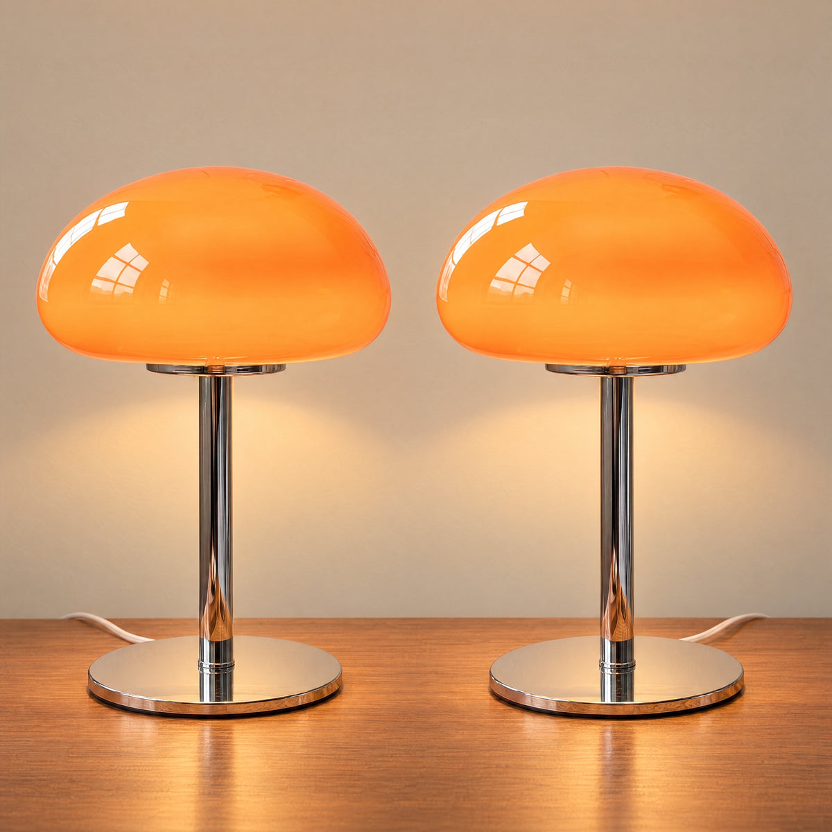 Orange: Retro Glass Mushroom Nightstand Lamp, Set of 2, both lamps switched on