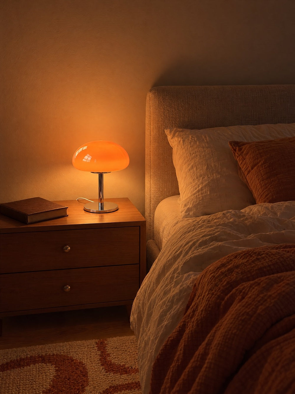 Retro Glass Mushroom Nightstand Lamp lit on a nightstand at night