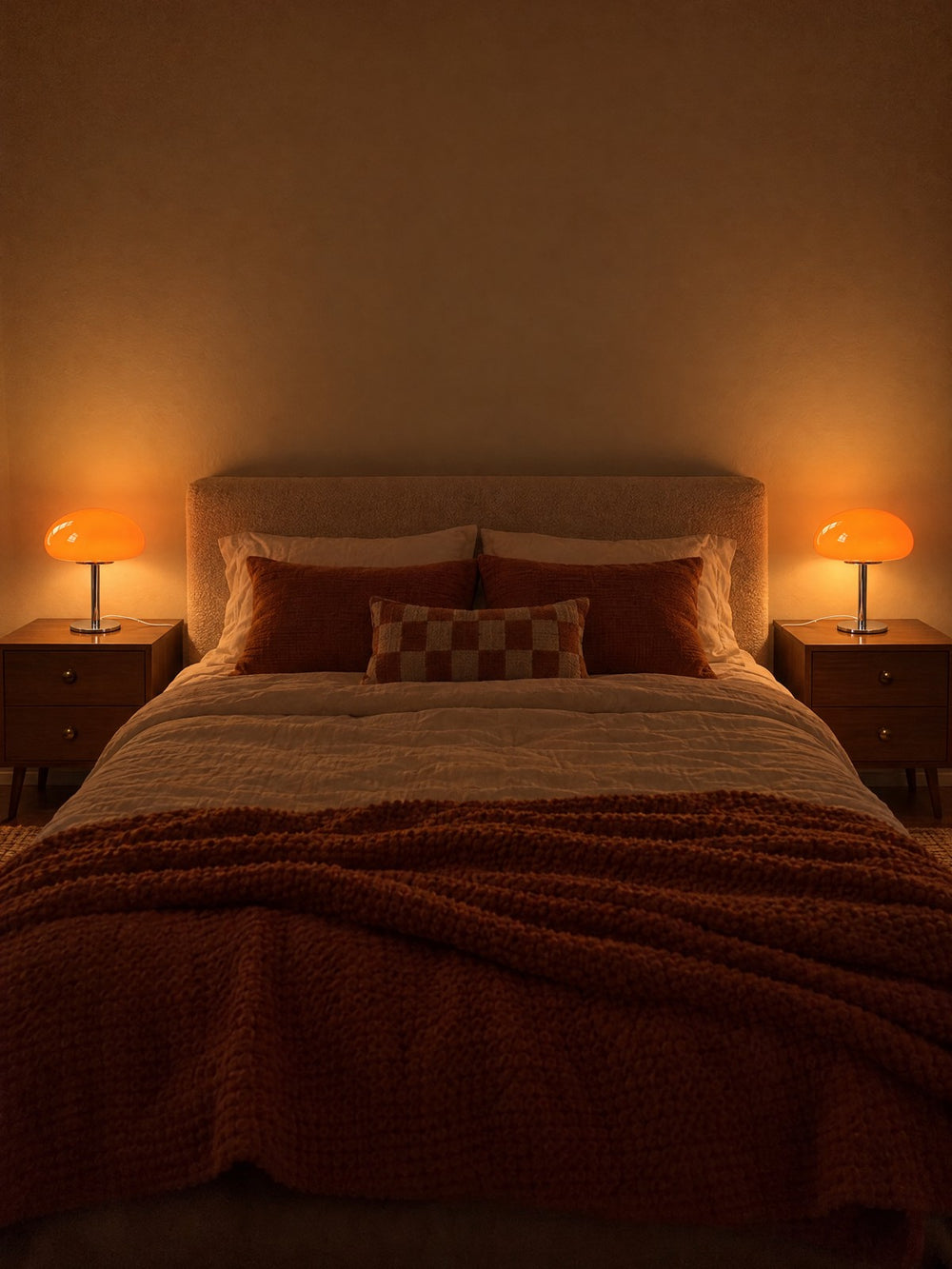 Two Retro Glass Mushroom Nightstand Lamp lamps on either side of a bed at night