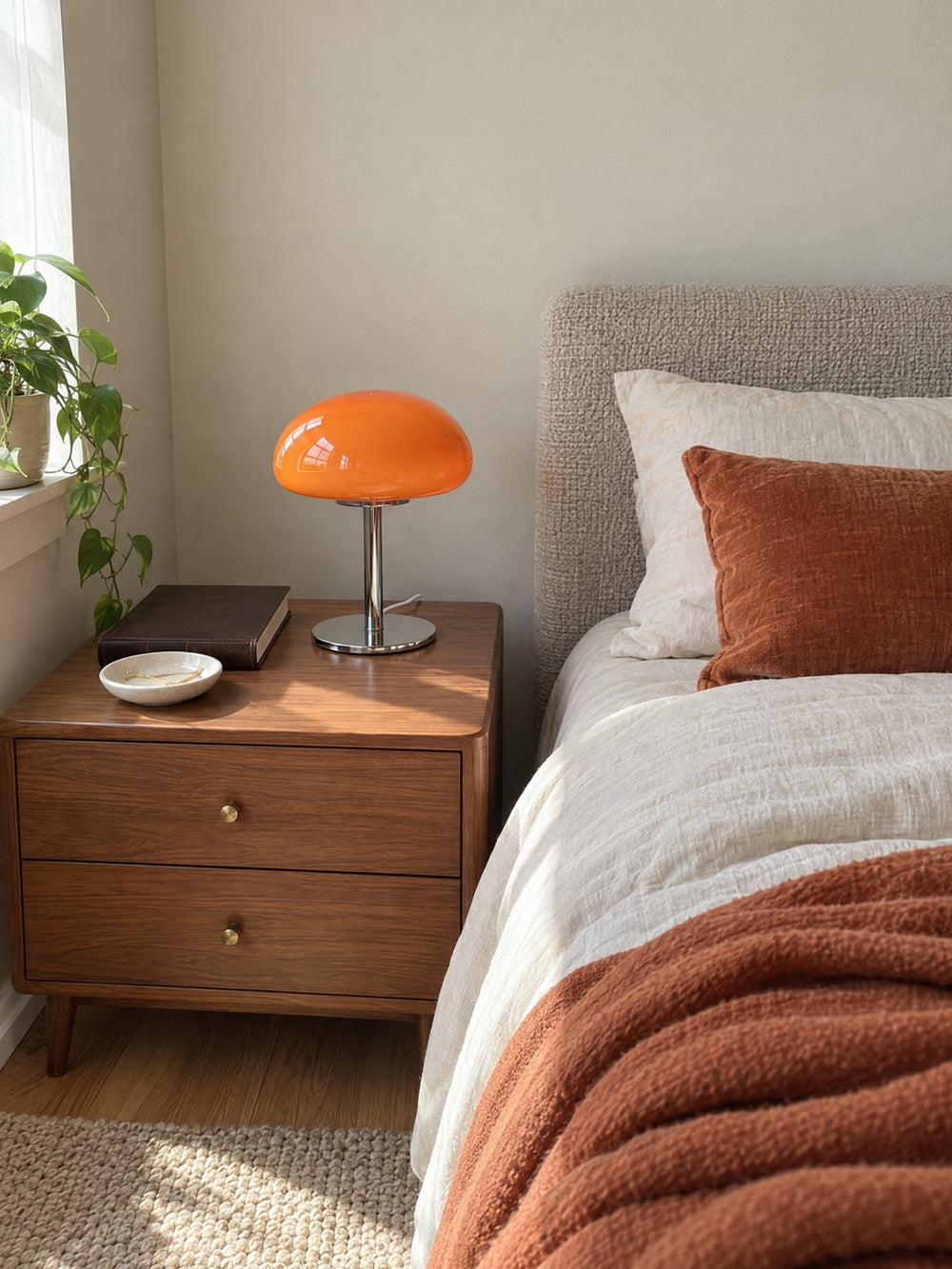 Retro Glass Mushroom Nightstand Lamp on a nightstand in daylight