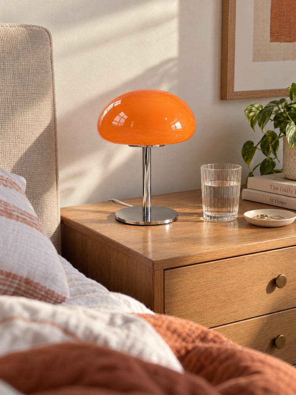 Retro Glass Mushroom Nightstand Lamp seen from bed in the morning