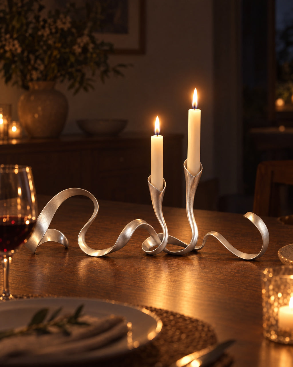 Silver: Ribbon Metal Candelabra with candles lit at night on a dinner table